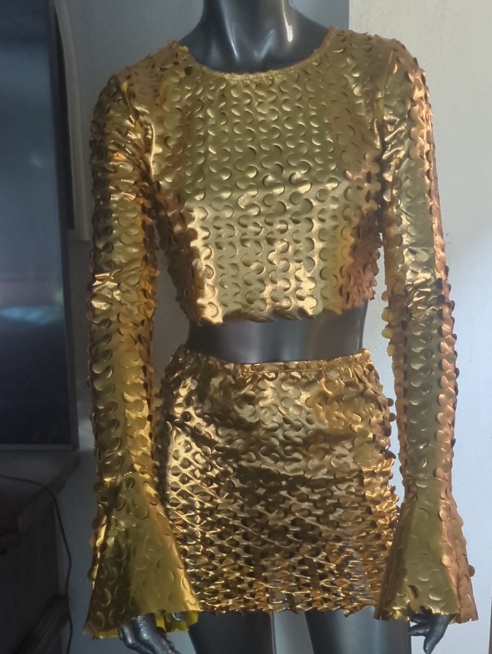 Gold Metallic Crop Top and Mini Skirt Set - Women's Party Two-Piece